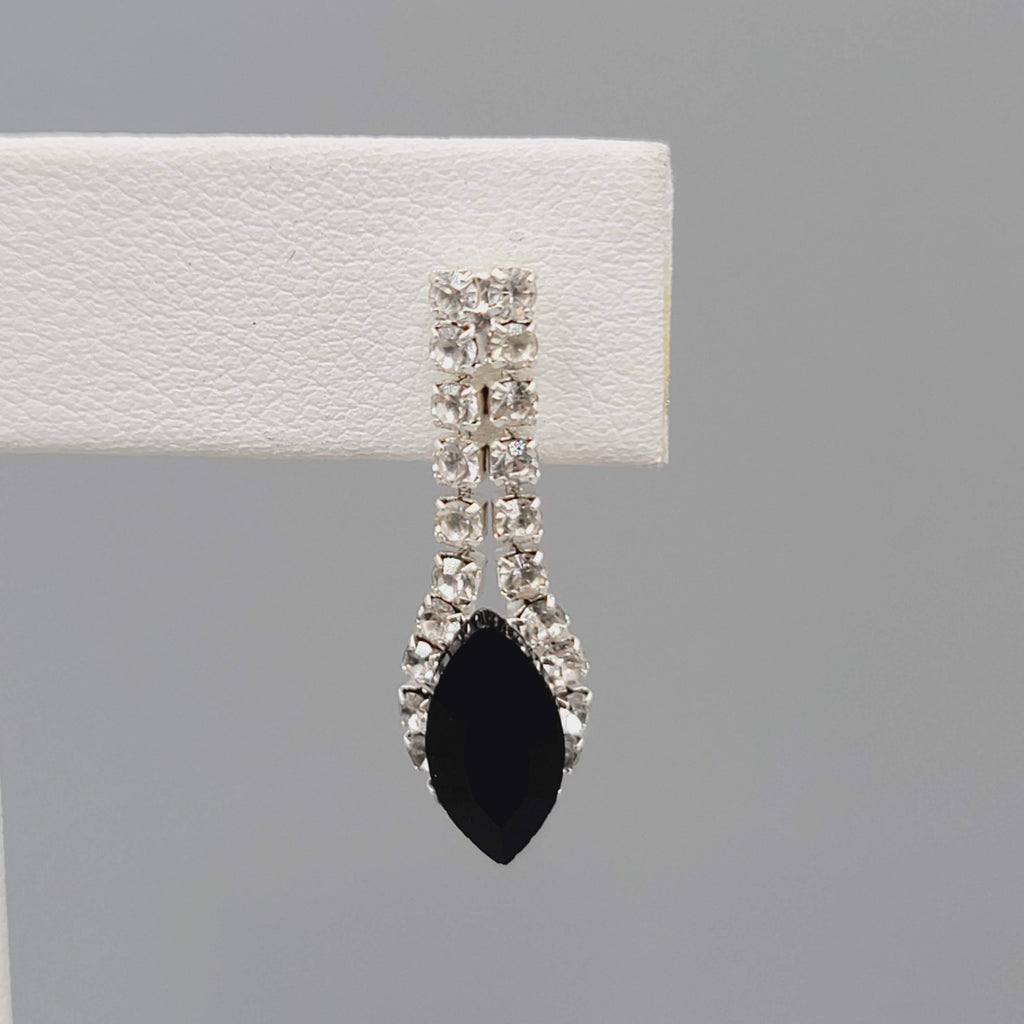 Black Clear Rhinestone Pierced Earrings Silver tone Dangle 1"