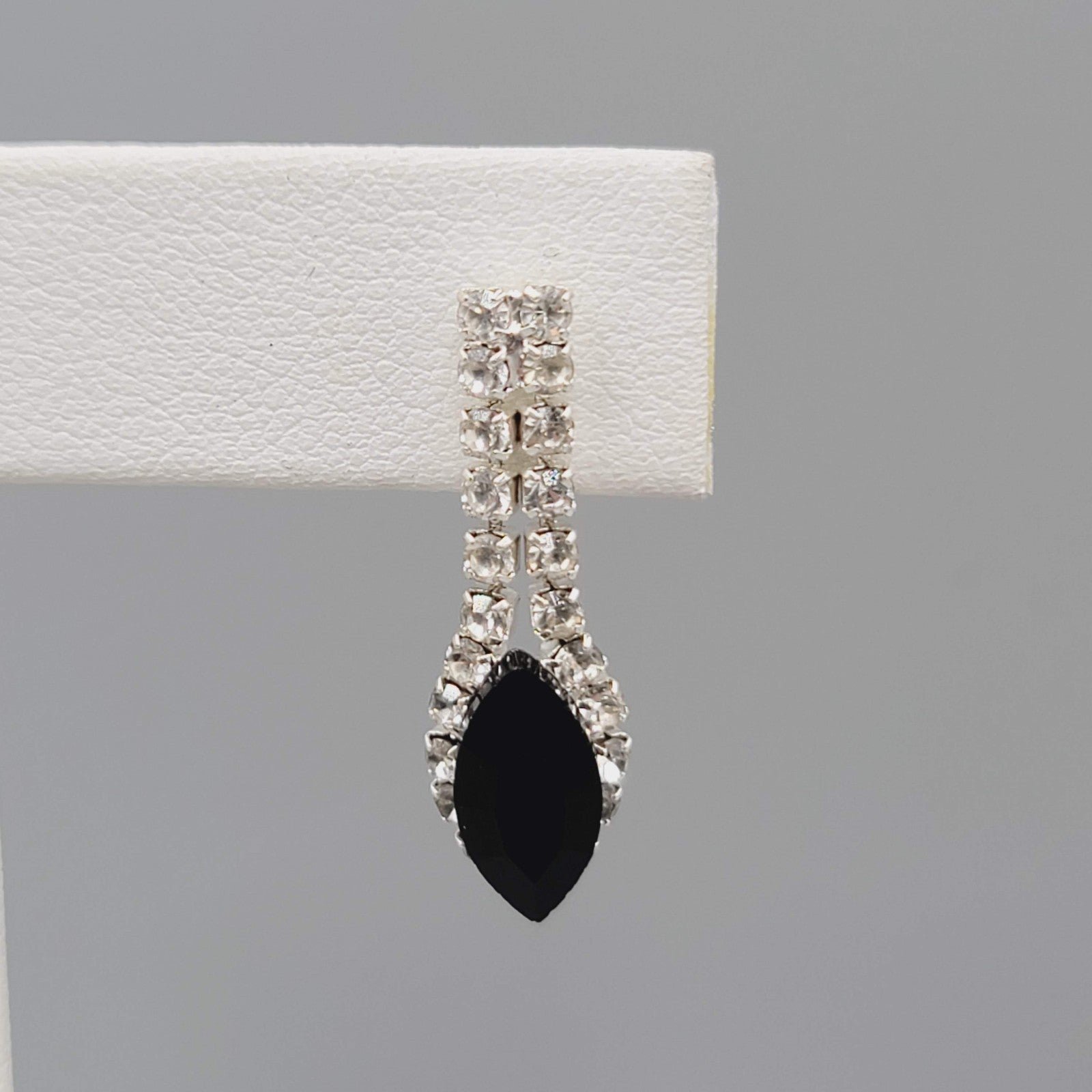 Black Clear Rhinestone Pierced Earrings Silver tone Dangle 1"