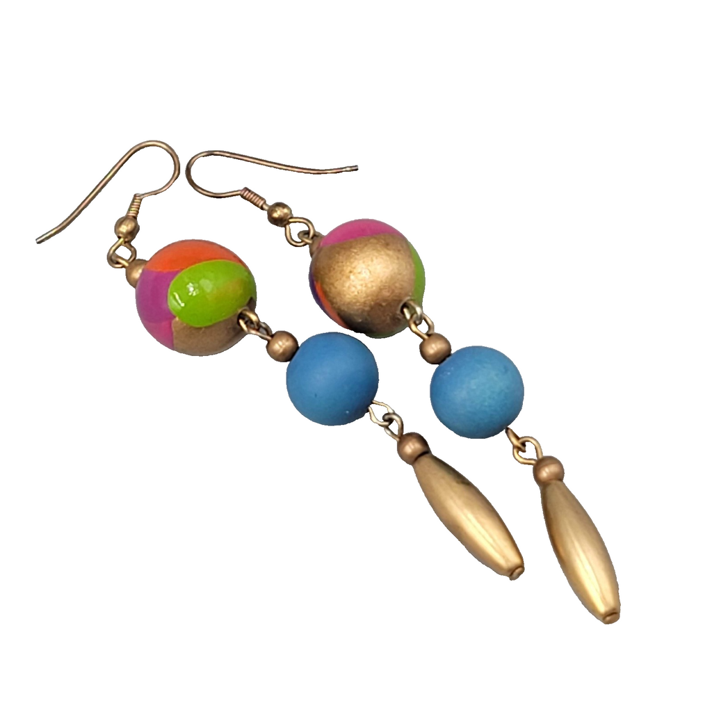 Long Pierced Earrings Hand Painted Bead Gold tone Dangle 2.75"