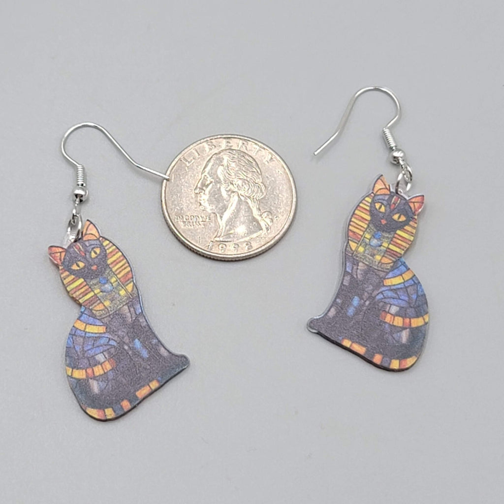 Egyptian Kitty Cat Pierced Earrings Mosiac Look Acrylic Dangle 1 3/8"