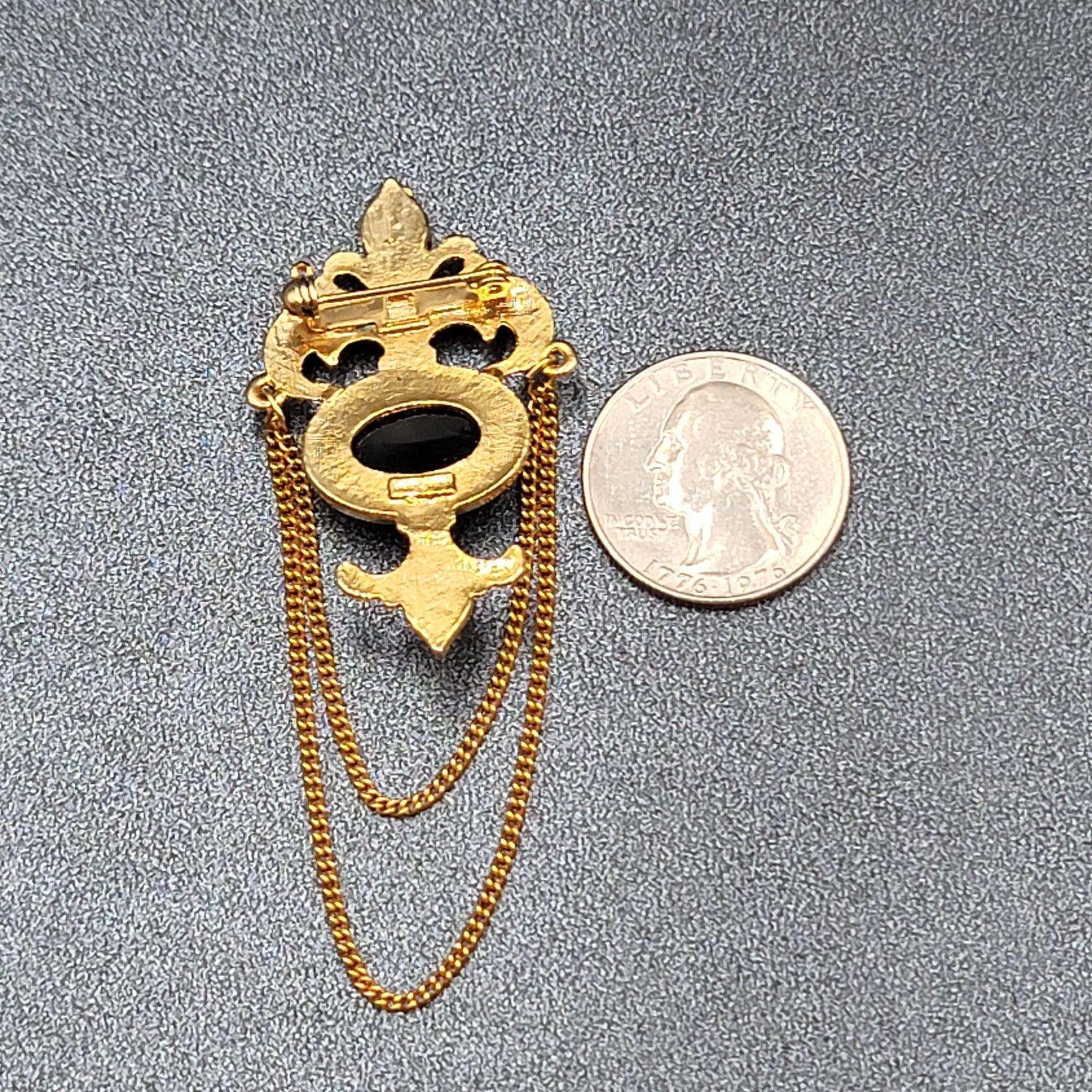 Vintage Bergere Black Cabochon and Gold Tone Brooch with Chain Swag Retro Estate