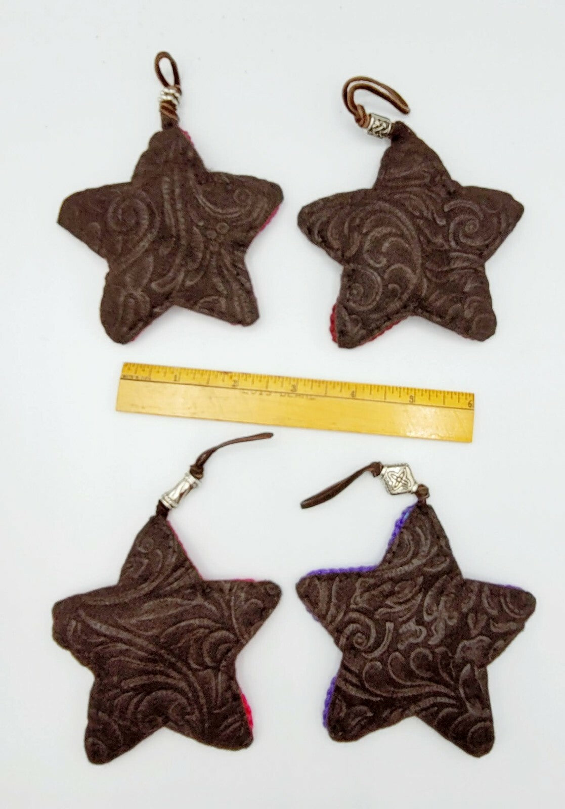 Crochet Knit Star Ornaments Lot of 4 Multi color Felt Back Leather hanger 4 in