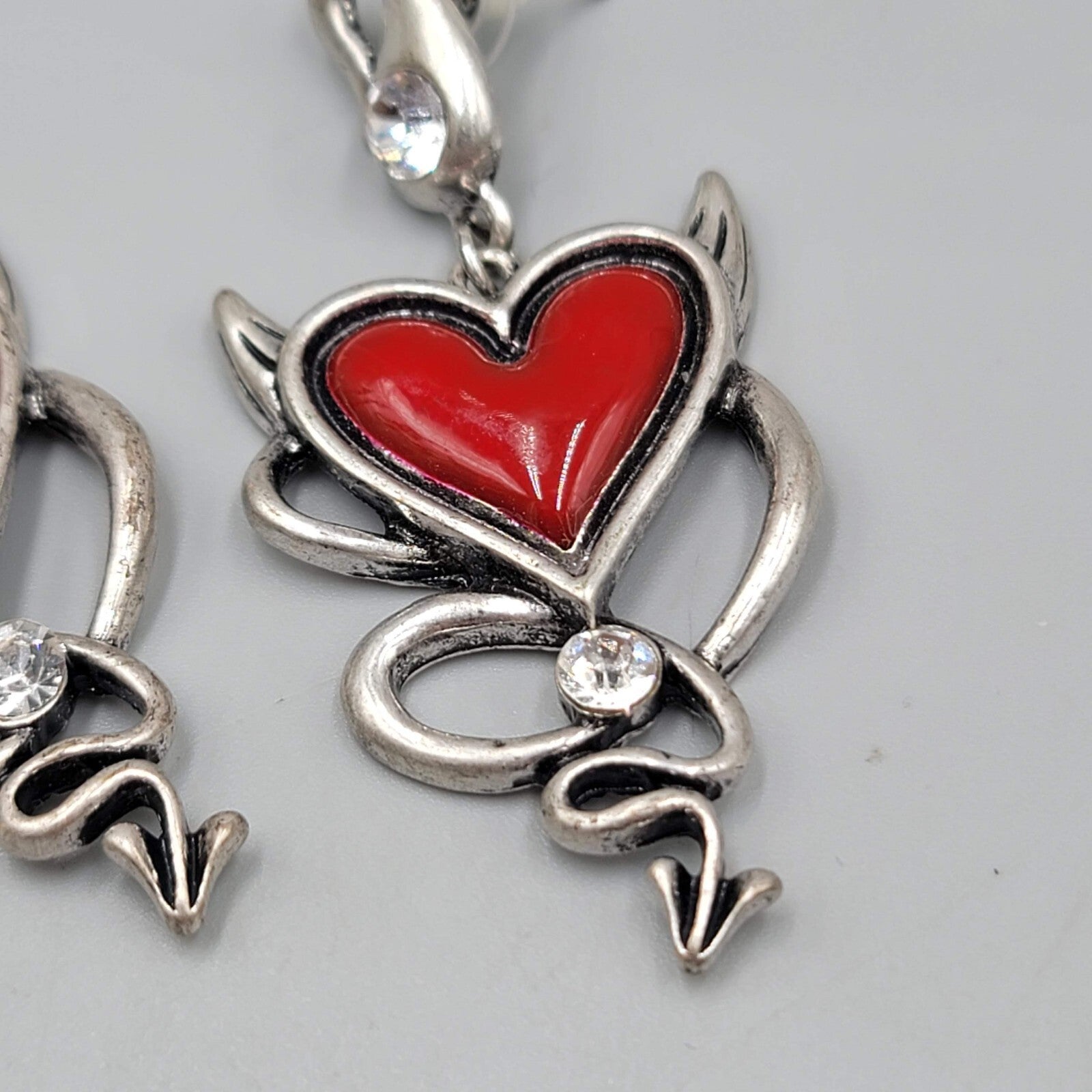 Devil Heart Pierced Earrings Red Enamel Crystal Silver tone Dangle 2 3/8"