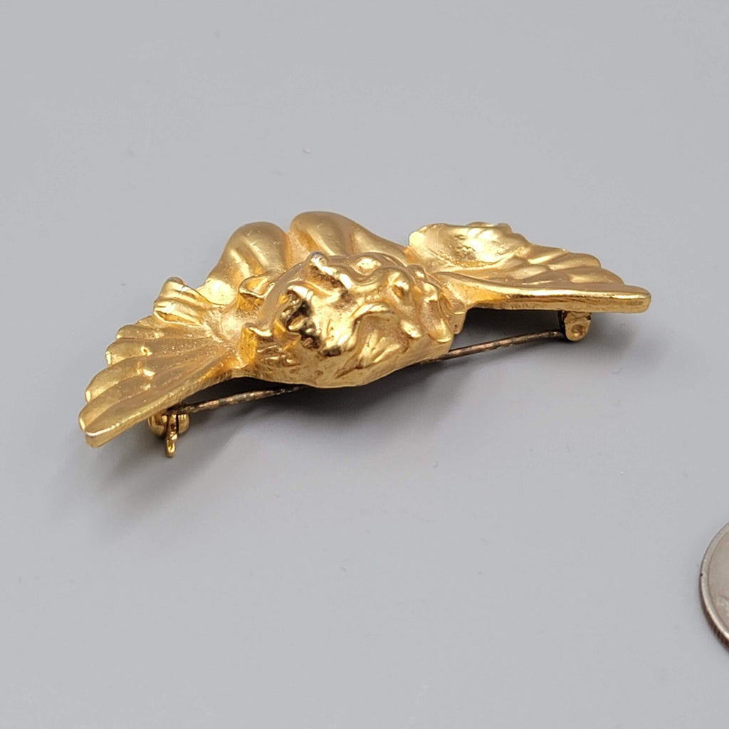 Vintage Cupid Angel Brooch Gold Plated 2.5" Wide Pin Estate Christmas