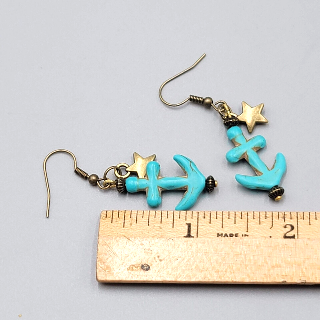 New Blue Howlite Stone Anchor Pierced Earrings Bronze tone Dangle Nautical 1.25"
