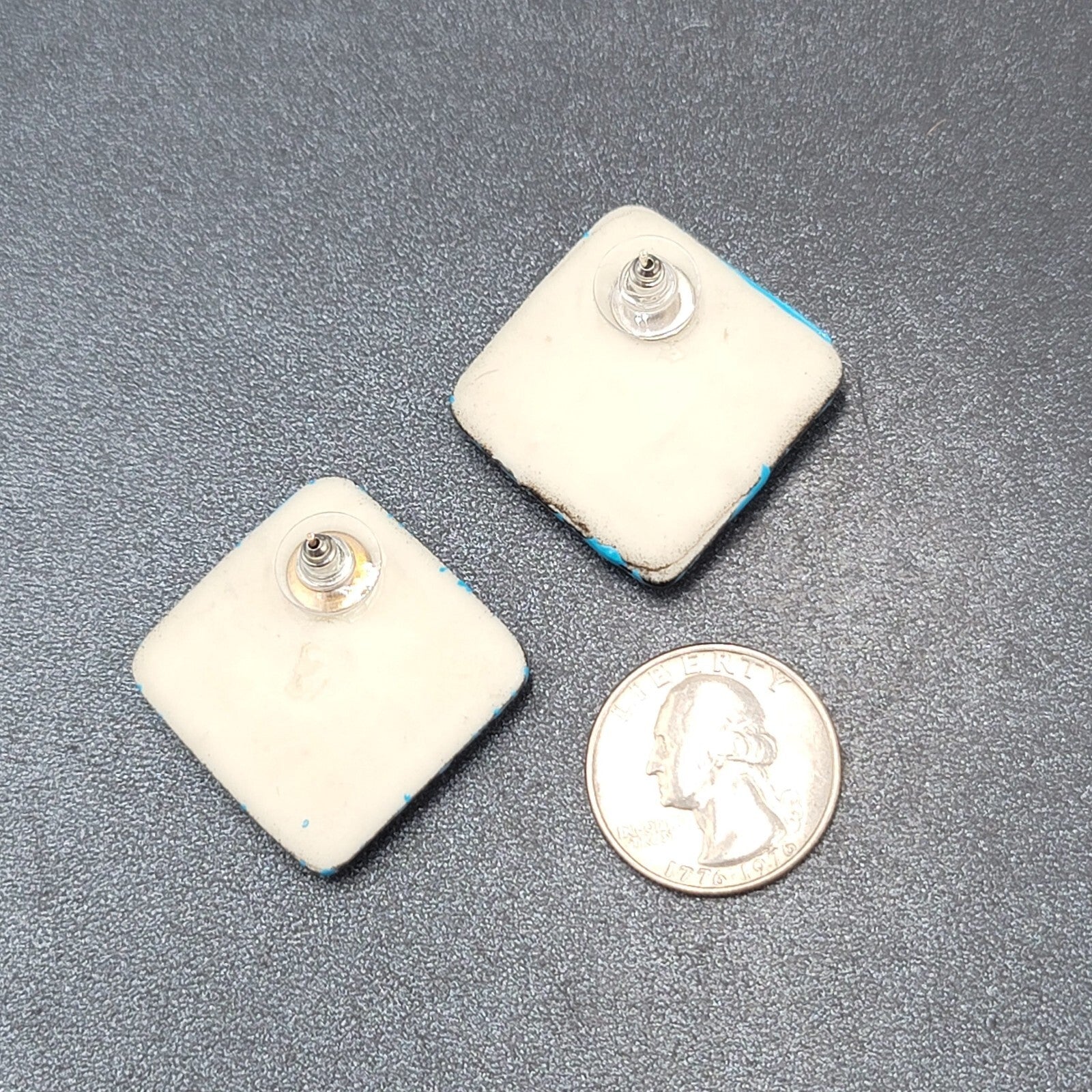 Vintage Pierced Earrings Acrylic Black Blue Enamel Statement Square Drop 1 1/8"