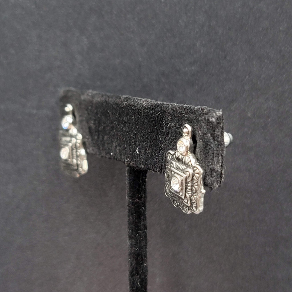 Pierced Earrings Silver tone Black Embossed Crystal Studs So Pretty! 5/8"