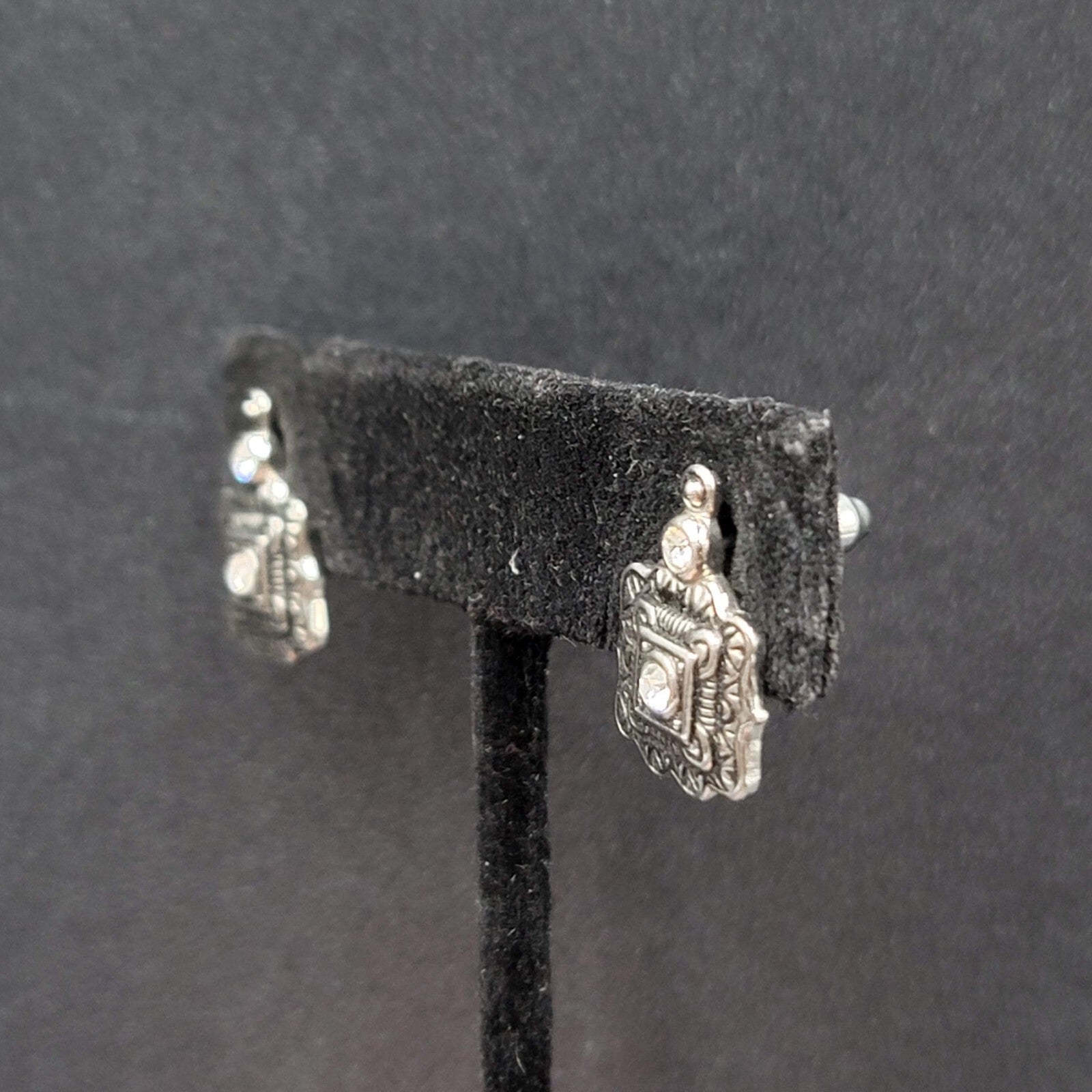 Pierced Earrings Silver tone Black Embossed Crystal Studs So Pretty! 5/8"