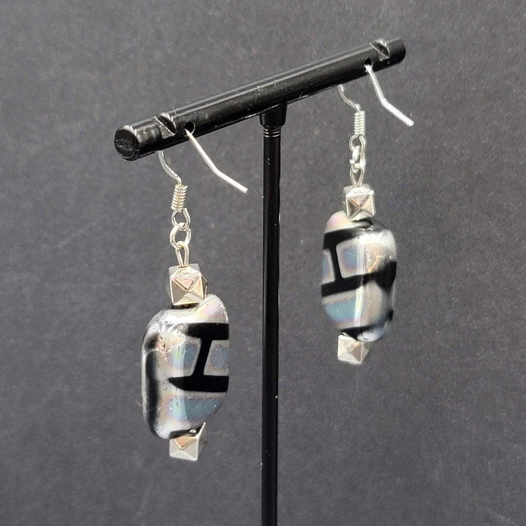 Pierced Earrings Unique Art Glass Beads Iridescent Rectangles 1 3/8"