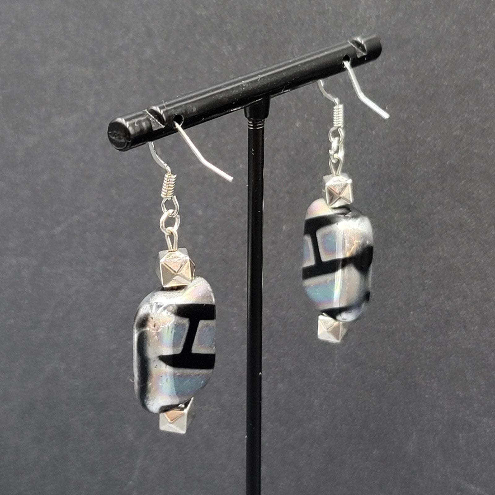 Pierced Earrings Unique Art Glass Beads Iridescent Rectangles 1 3/8"