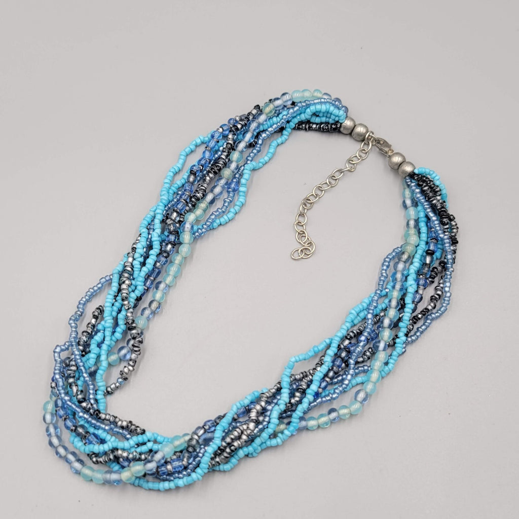 Multi Strand Blue Bead Twist Necklace Layered Silver tone 14"-17"