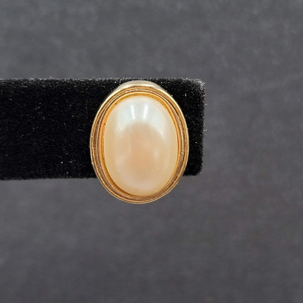 Vintage Avon Clip on Earrings Gold tone Oval White Cabochon Studs 5/8"