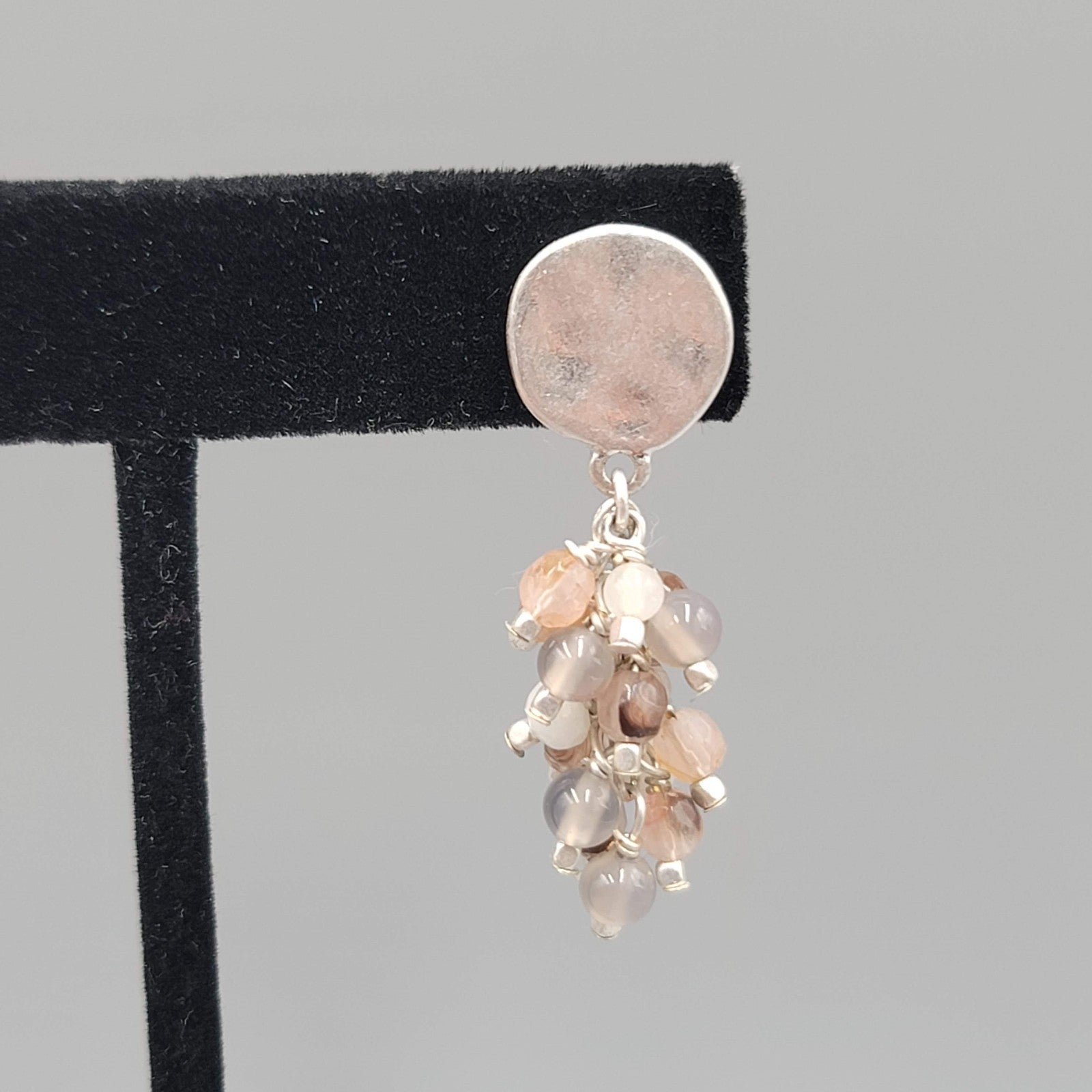 Pierced Earrings Silver tone Dangle Cluster Glass Beads Neutral Colors 1.5"