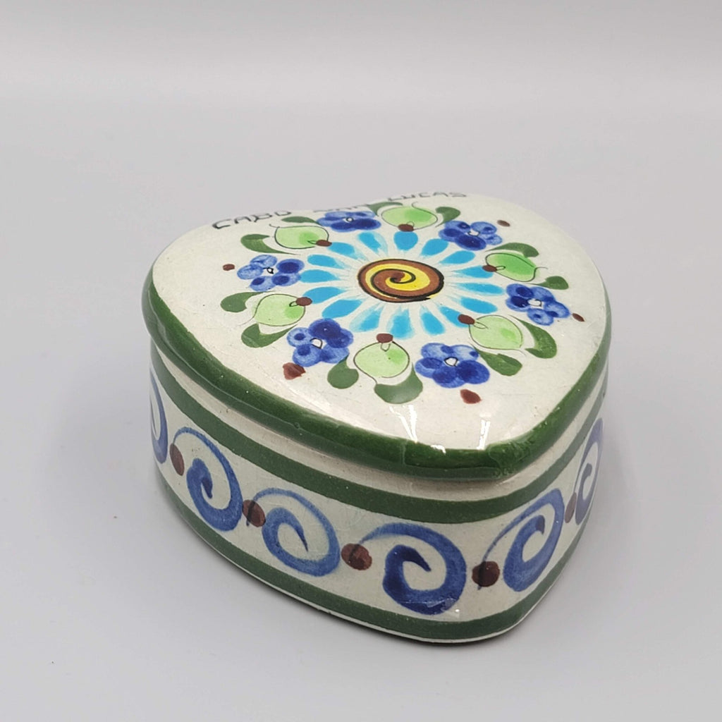 Mexico Heart Shaped Trinket Jewelry Box Tonala Pottery Signed CAT Cabo San Lucas