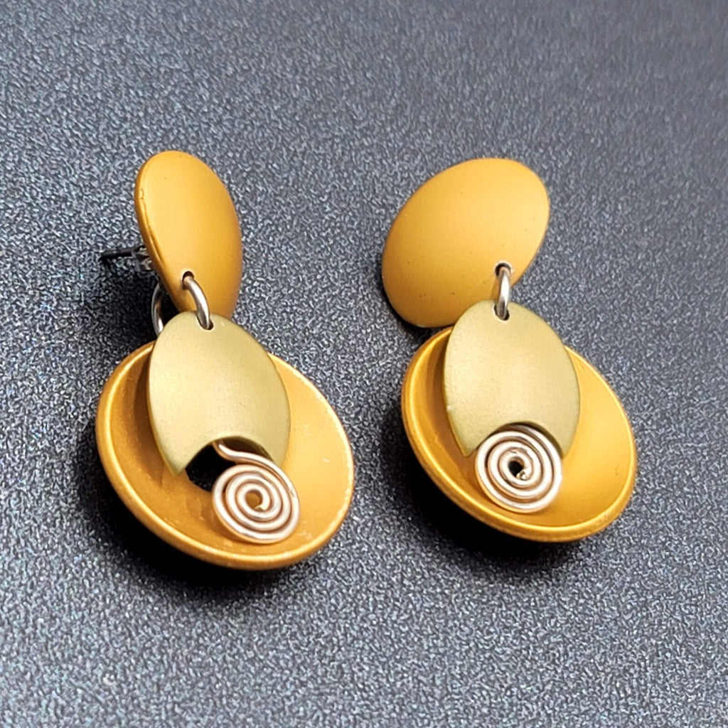 Pierced Earrings Brushed Gold tone Gold Silver Accent Modernist Dangle  1 3/8"