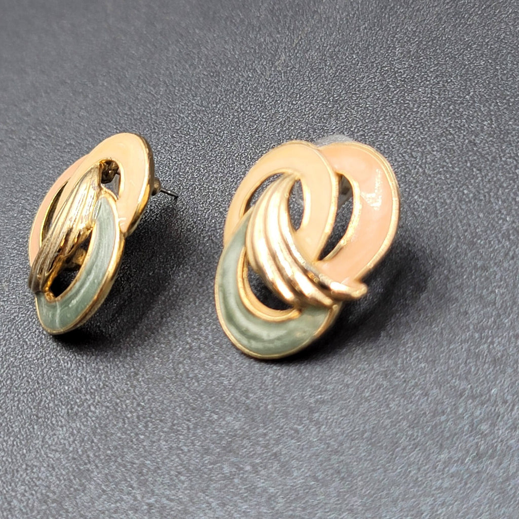 Vintage Pierced Earrings Tan Pink Green Swirl Enamel Gold tone Drop 1 1/8"