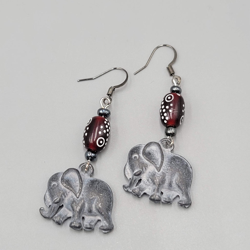 Elephant Pierced Earrings Silver tone Dangle Red Bead  1.75"