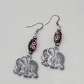 Elephant Pierced Earrings Silver tone Dangle Red Bead  1.75"
