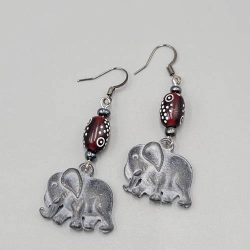 Elephant Pierced Earrings Silver tone Dangle Red Bead  1.75"