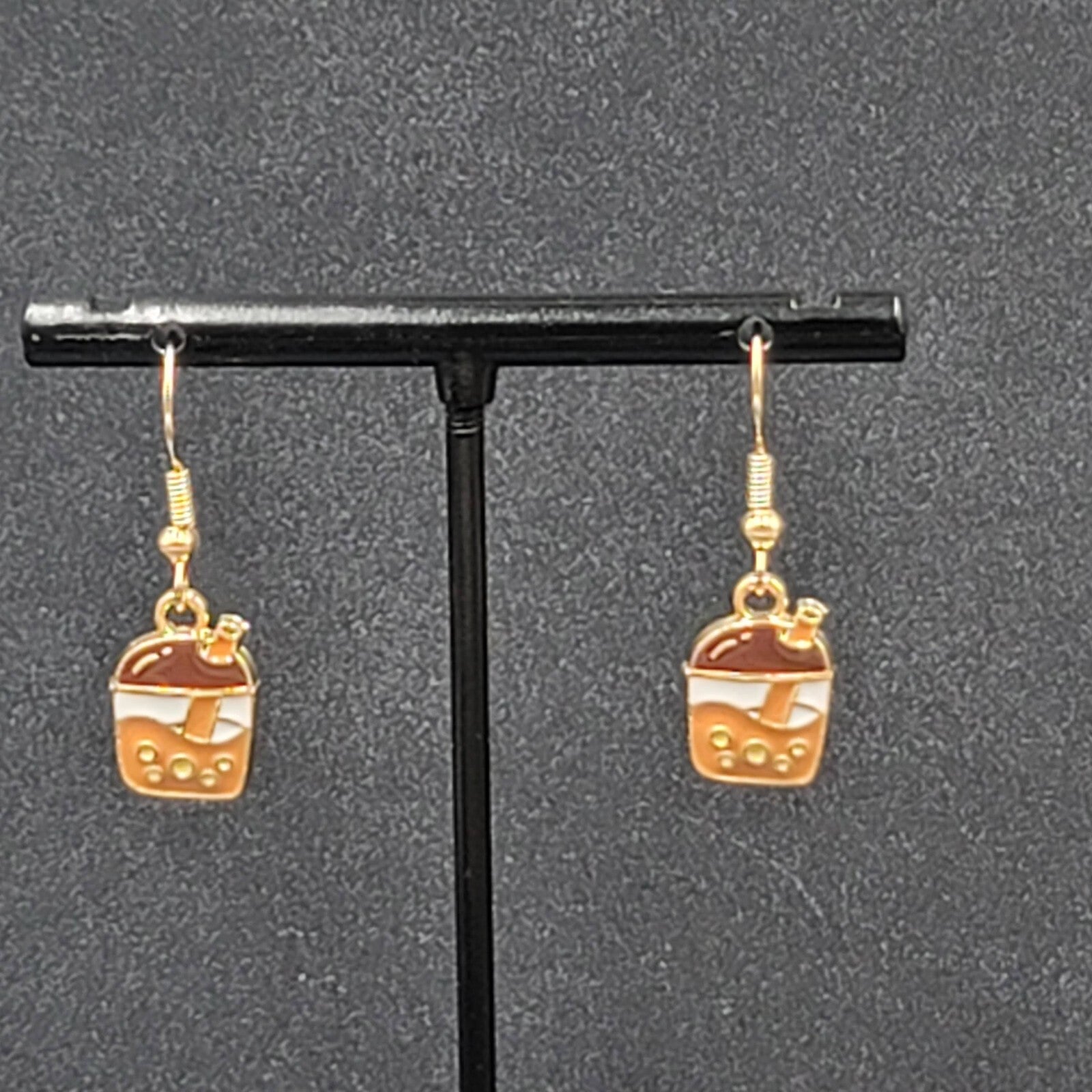 Boba Tea Pierced Earrings Gold tone Coffee Drink Dangle Enamel 1/2"