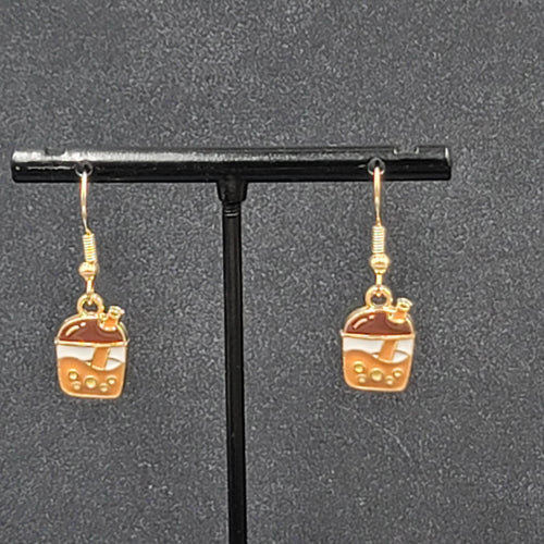 Boba Tea Pierced Earrings Gold tone Coffee Drink Dangle Enamel 1/2"