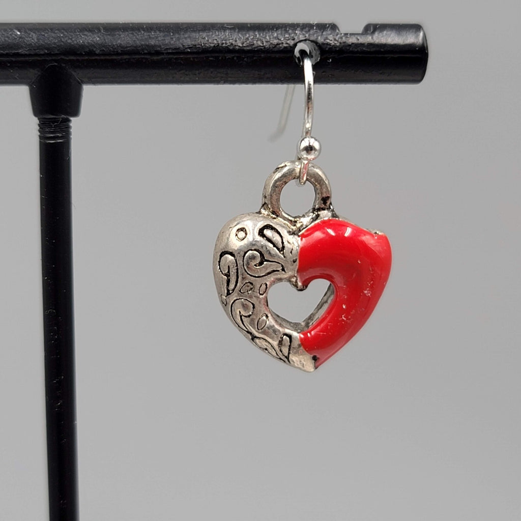 Heart Pierced Earrings Silver tone Red Enamel Dangle 5/8"