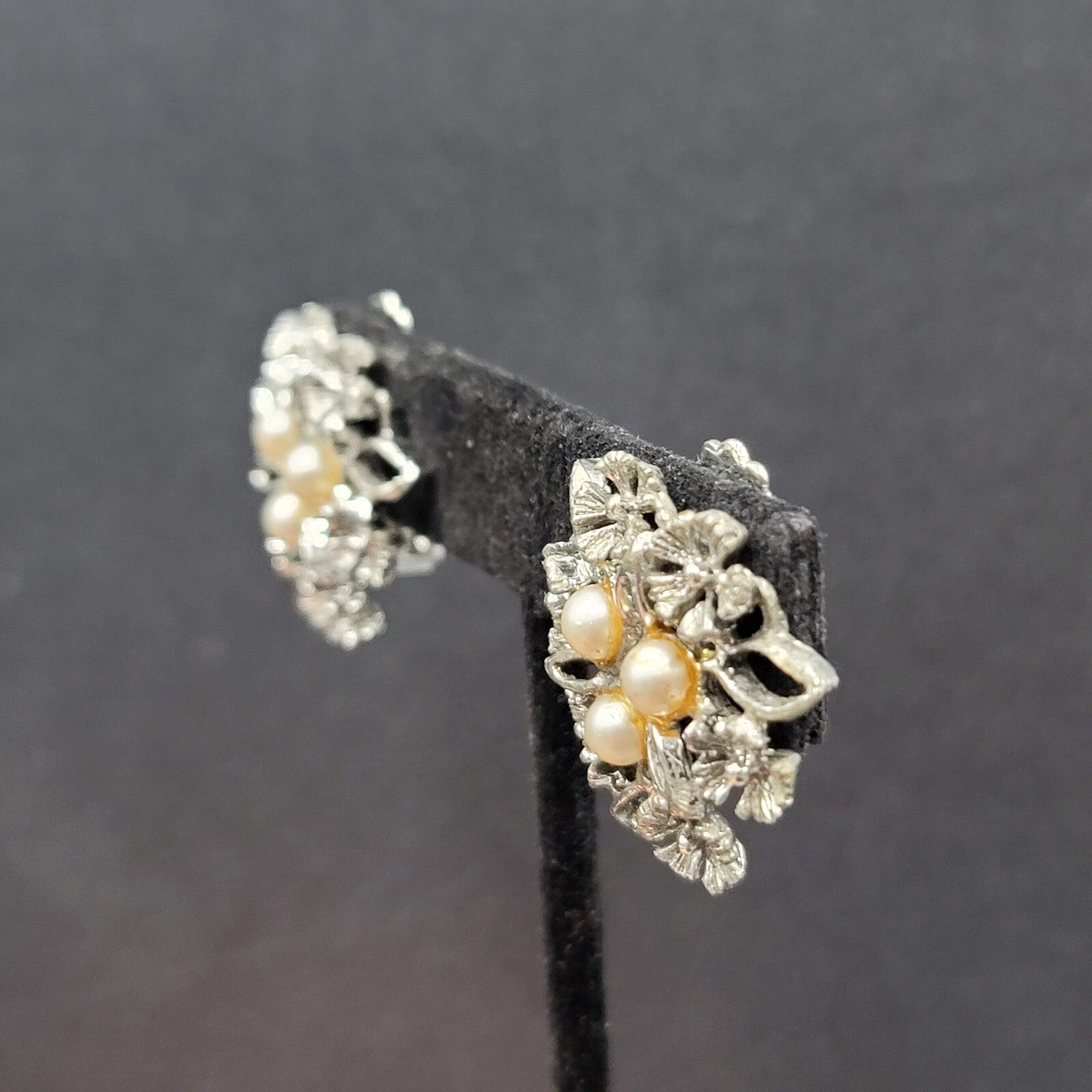 Vintage Clip on Earrings Silver tone Faux Pearl Open Work Drop 1"