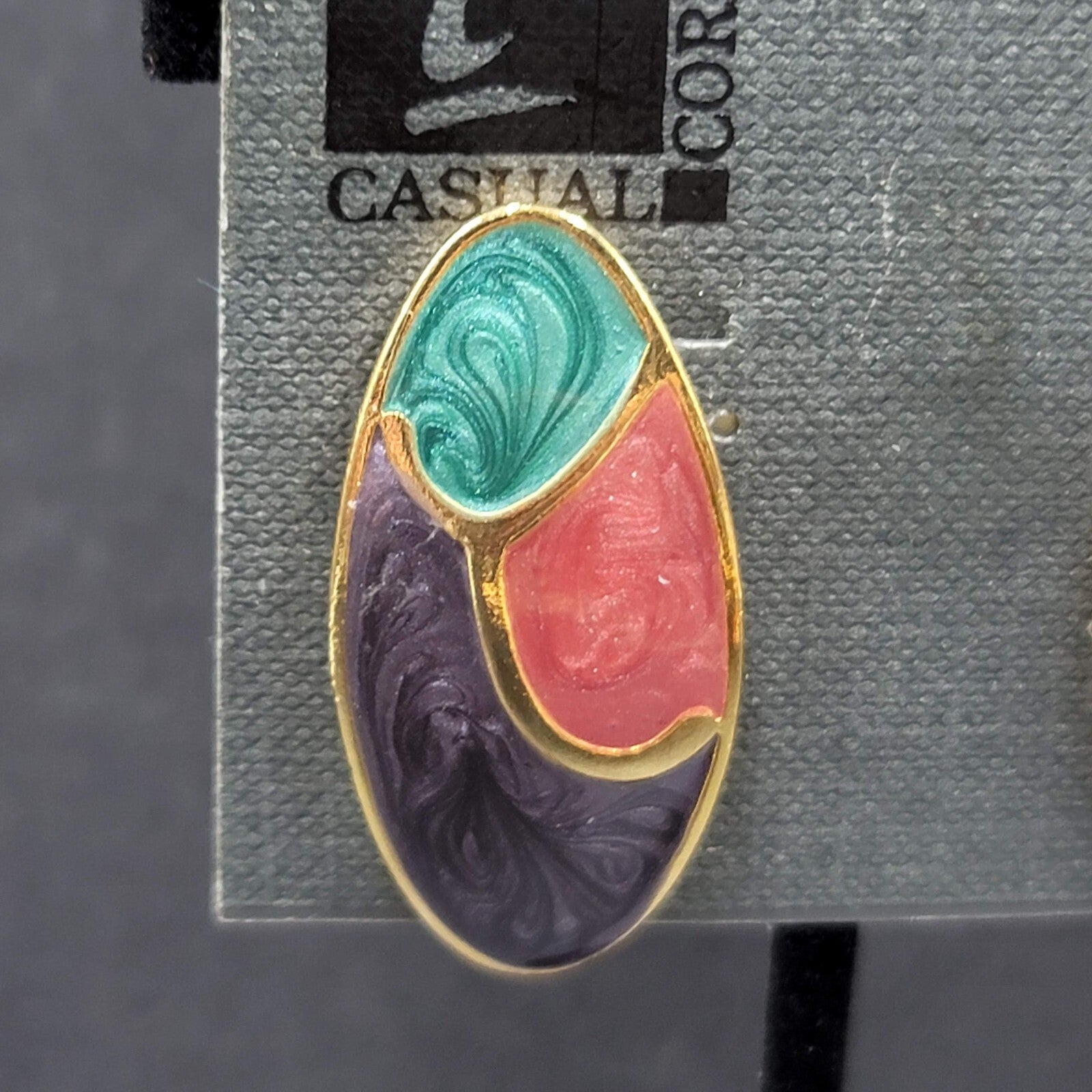 Vintage Pierced Earrings Gold Plated Teal Pink Purple Enamel Drop 1.5"