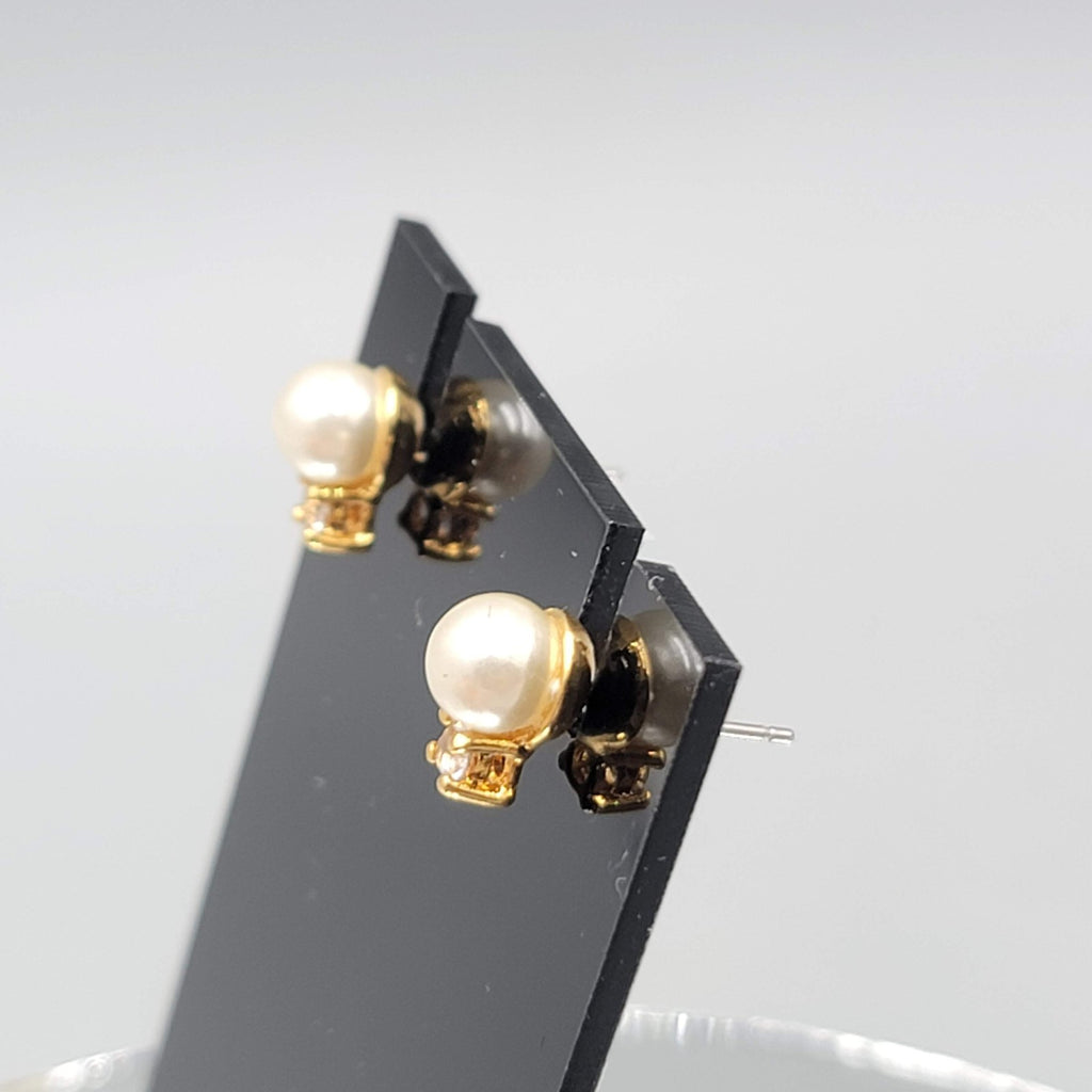 Pearl Cubic Zirconia Pierced Earrings Studs 3/8 in