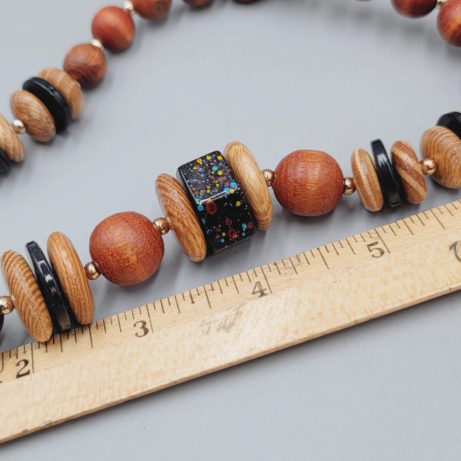 Vintage Wood Graduated Bead Statement Black Speckle Accent Bead 23"