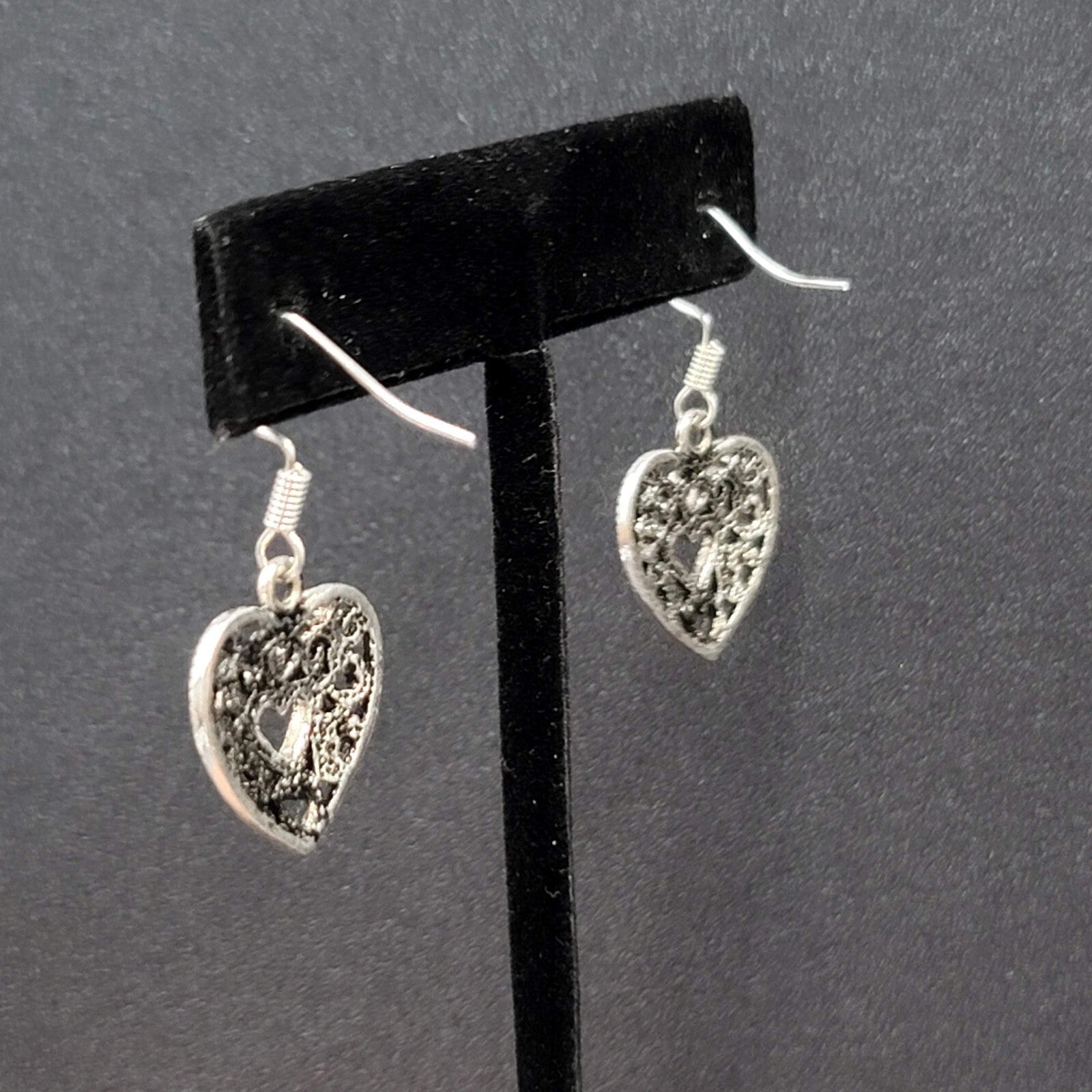 Heart Pierced Earrings Open Work Silver tone Dangle 3/4"