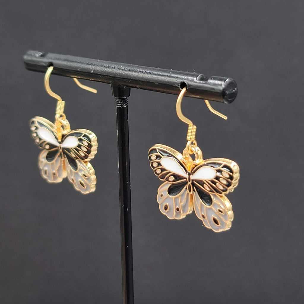 Black Gray Moth Enamel Pierced Earrings Gold tone Dangle Butterfly 3/4"