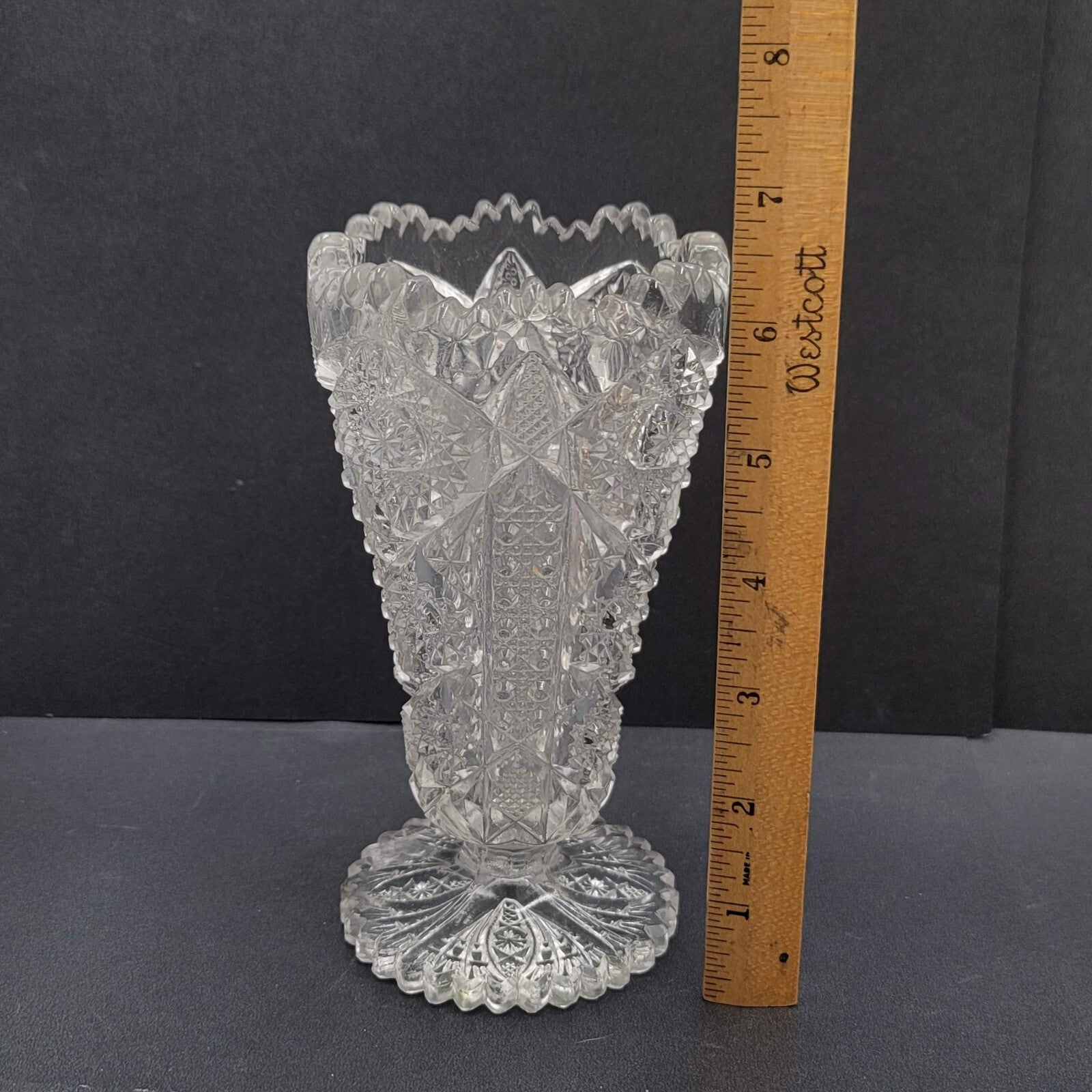 Vintage Pressed Glass Flower Vase Intricate Design 6.5"