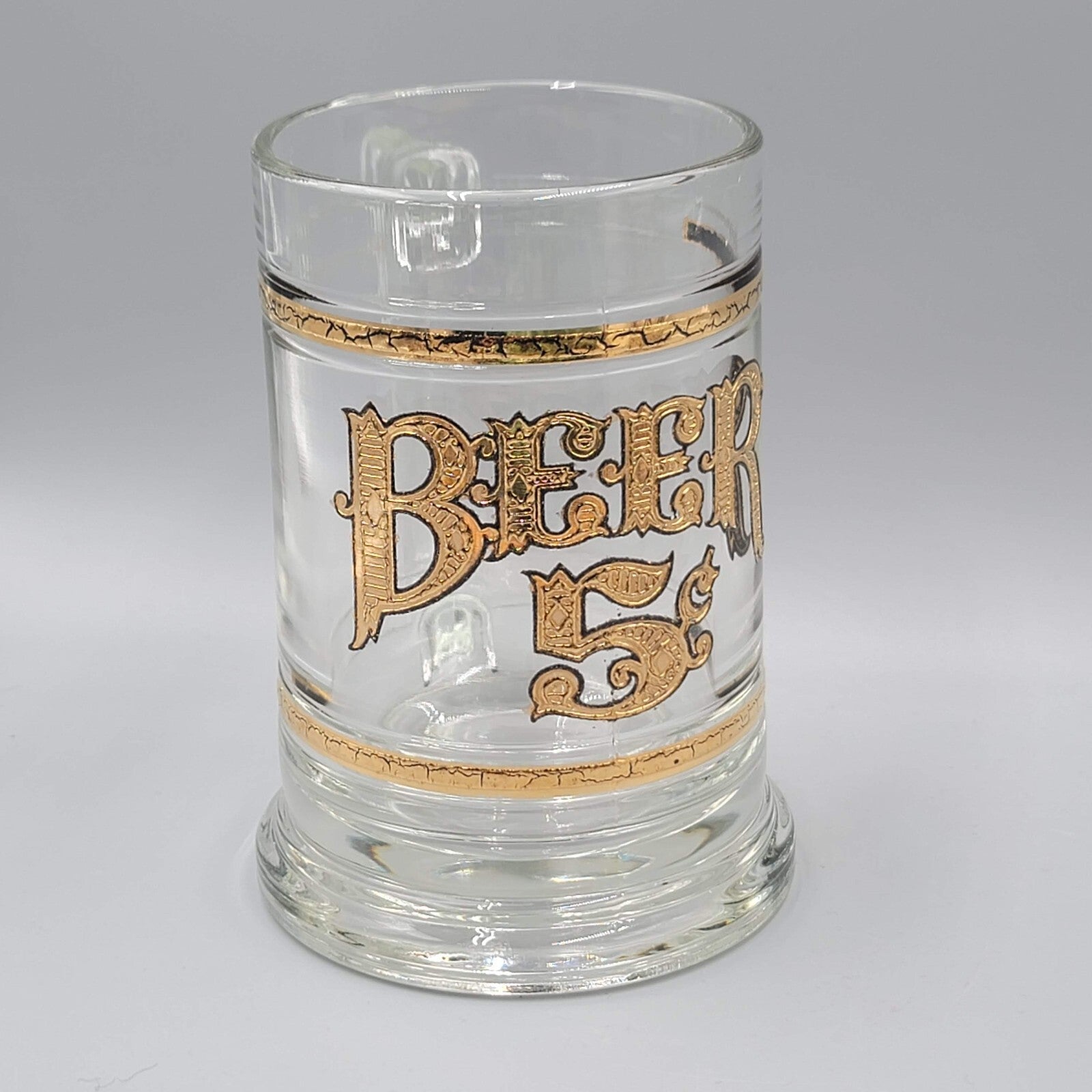 Vintage Glass Beer Mug Five Cent Gold Trim Tavern Barware