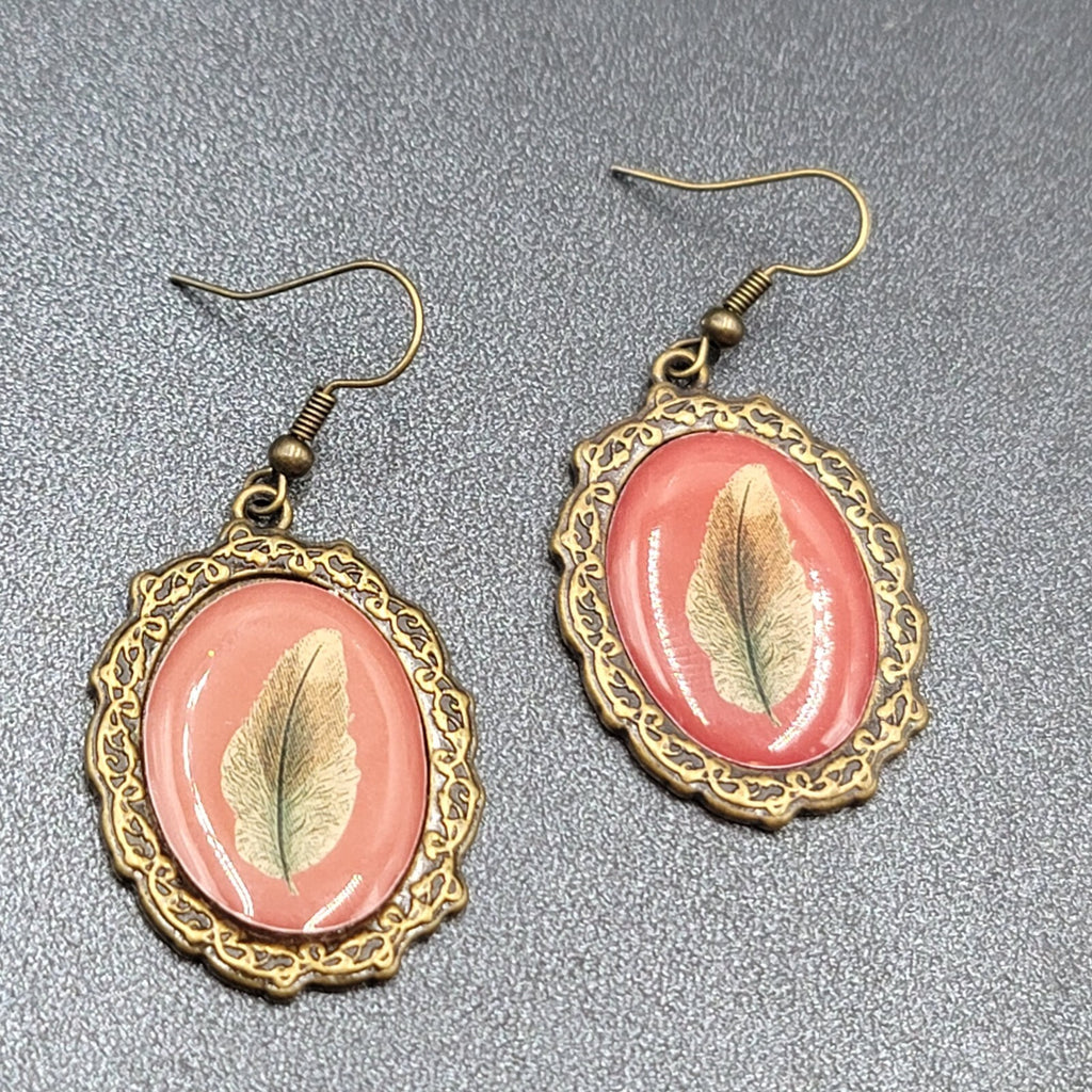 Pierced Earrings Bronze tone Oval Dangle Leaf Design Dangle 1 3/8"