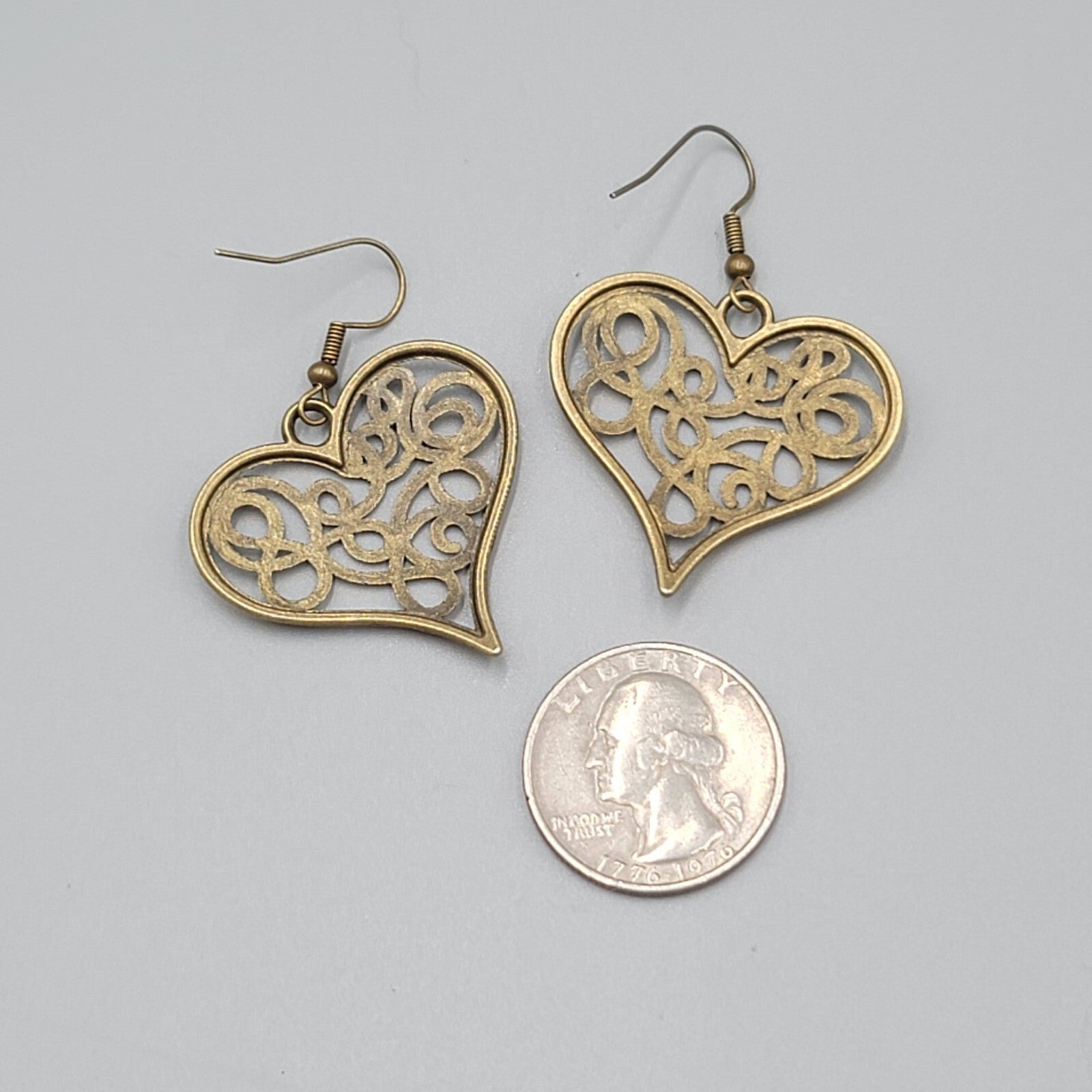 Heart Pierced Earrings Filigree Bronze tone Dangle New 1.25"