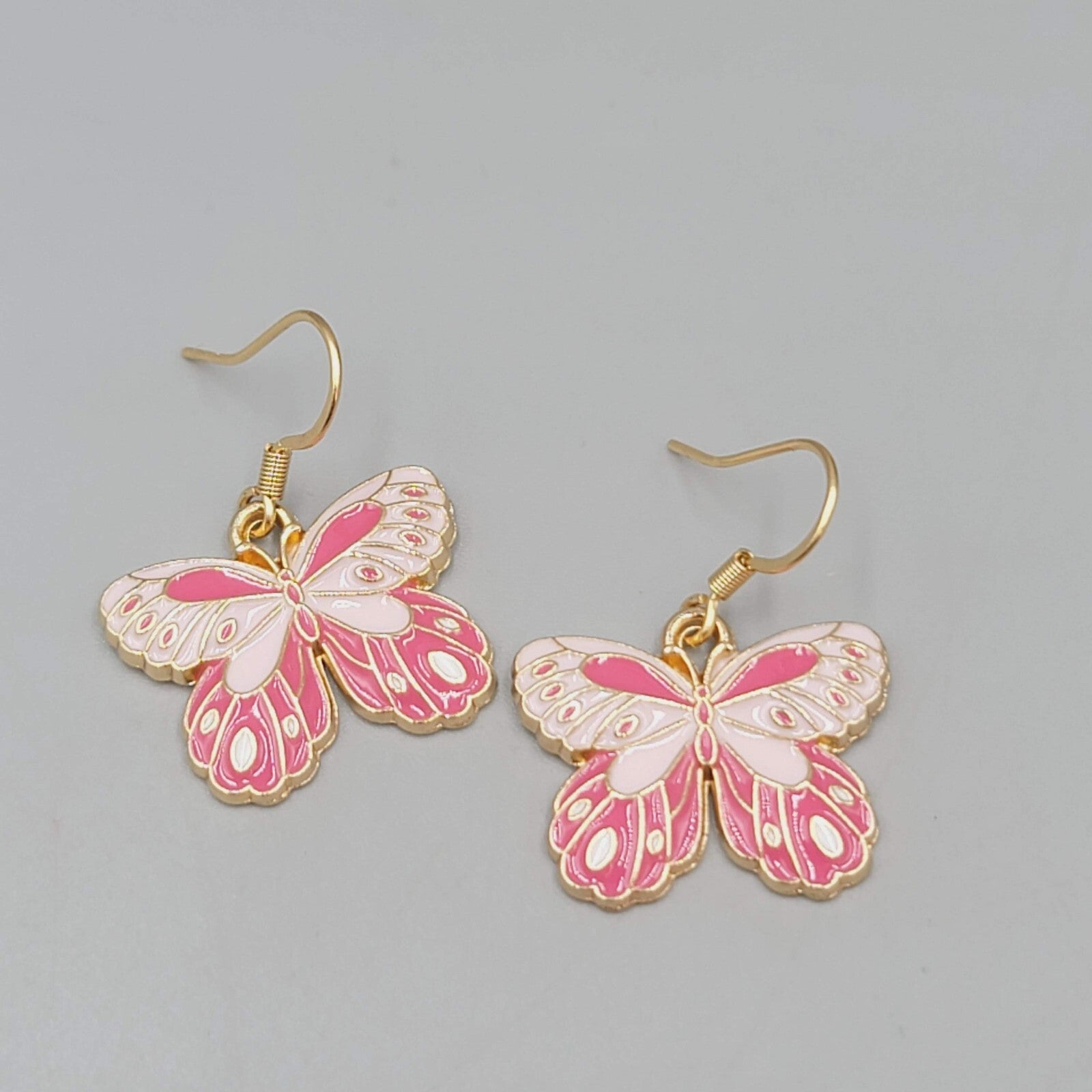 Moth Pink Enamel Pierced Earrings Gold tone Dangle Butterfly 3/4"