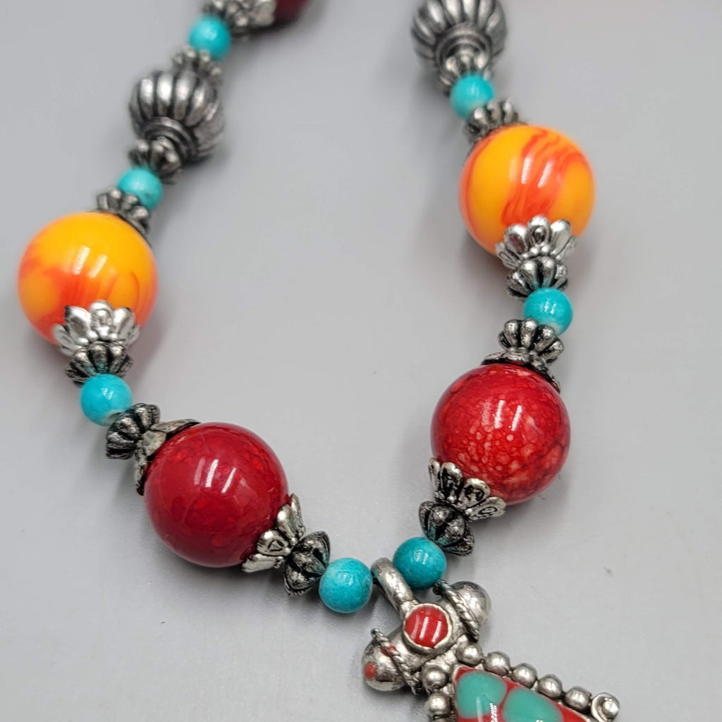 Statement Bead Necklace Red Yellow Blue Silver tone Unique Unusual 22"