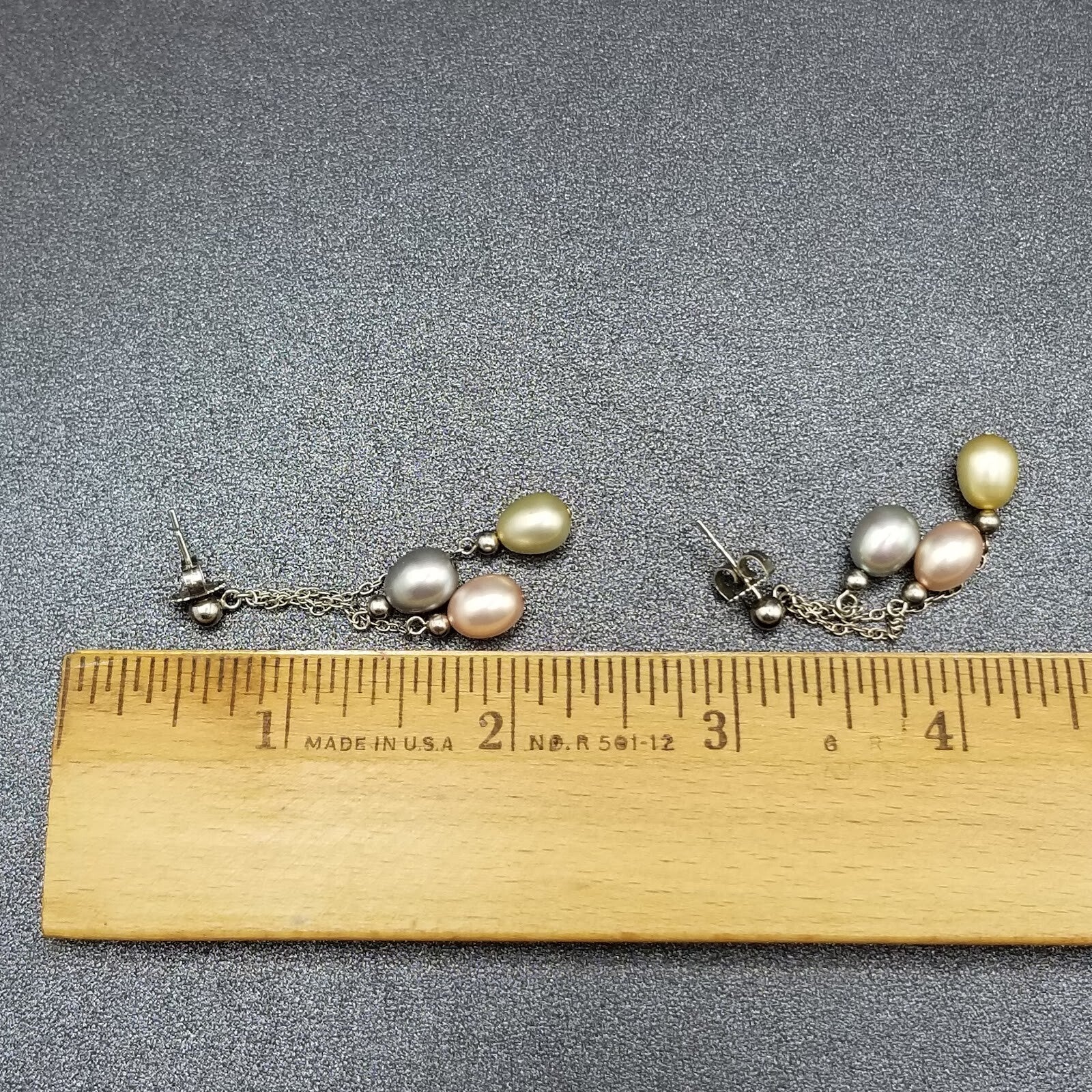 Pierced Earrings Sterling Chain Multicolor Pearl Dangle 1 3/4"