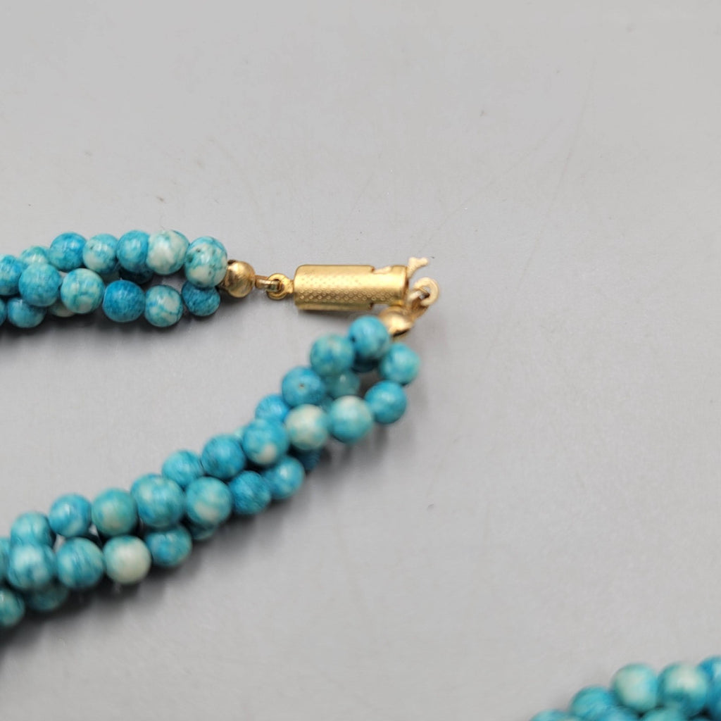 Vintage Blue Stone Twist Bead Necklace Gold tone 20"