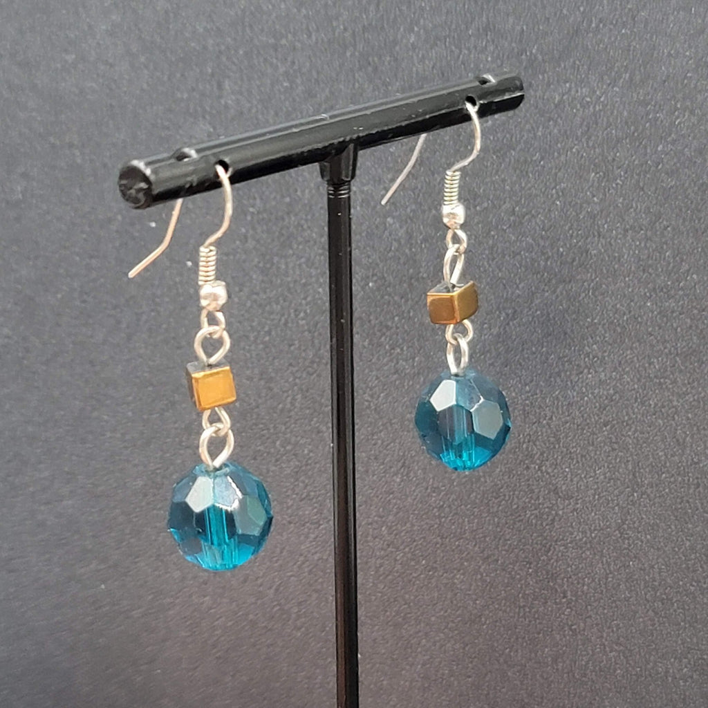 Pierced Earrings 1" Silver tone Blue Bead Copper Square Dangle 1"
