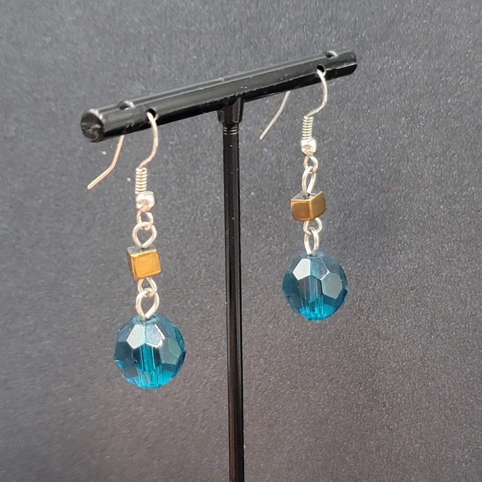 Pierced Earrings 1" Silver tone Blue Bead Copper Square Dangle 1"