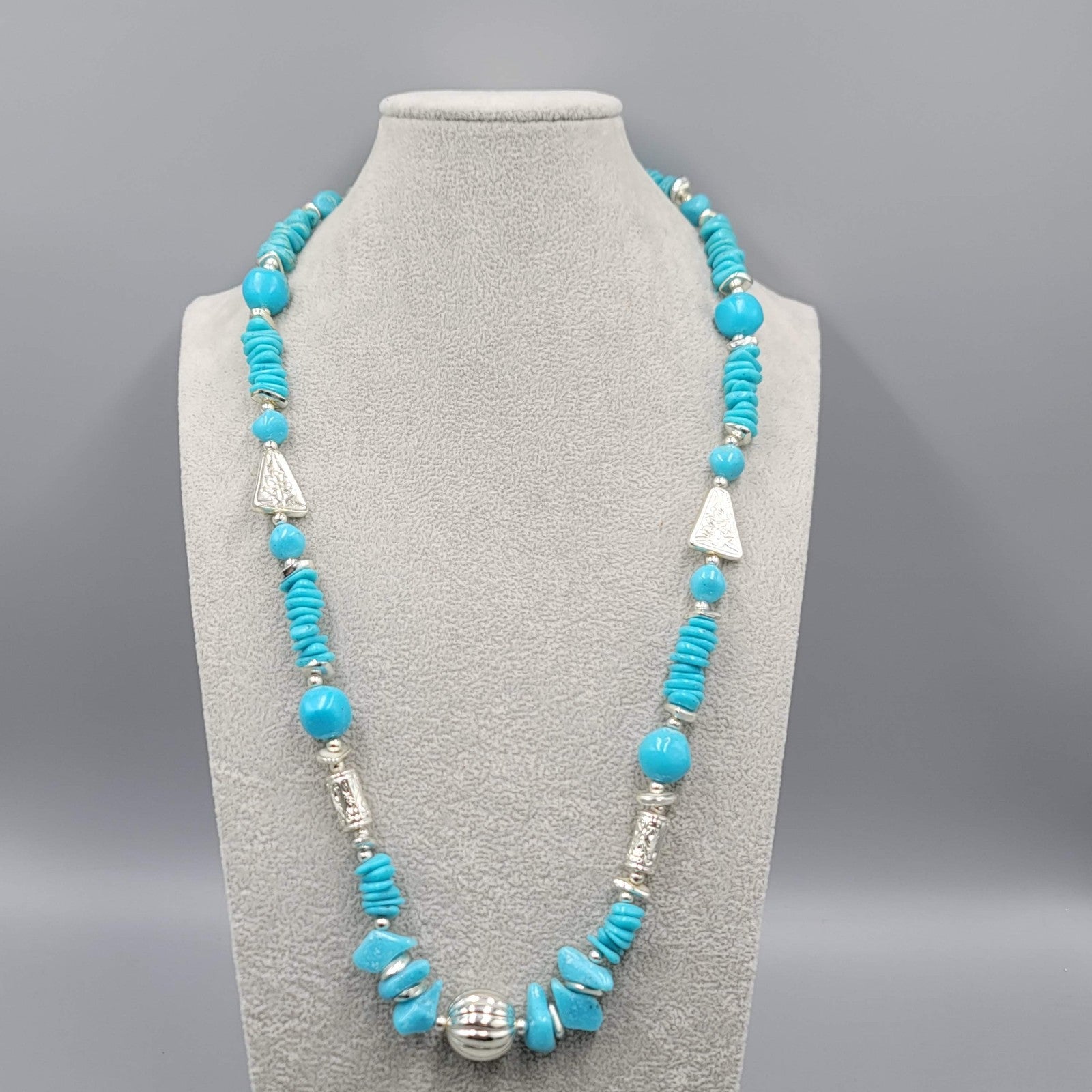 Vintage Bright Blue and Silver tone Bead Necklace 28"