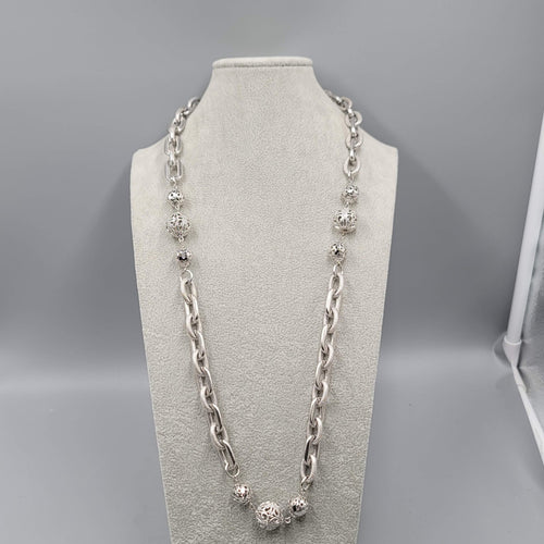 Chunky Retro Chain Necklace Filigree Beads Textured Silver tone 30 in