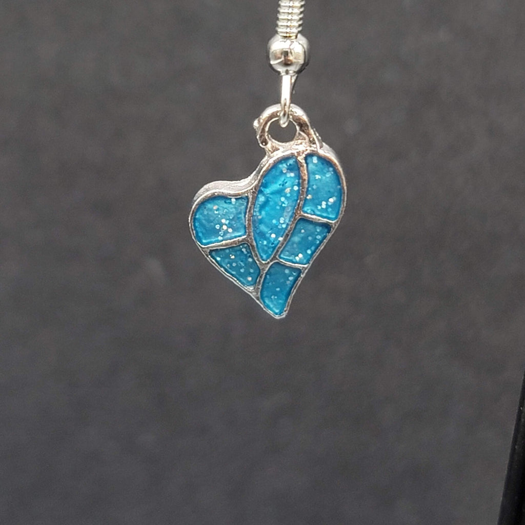 Heart Pierced Earrings Silver tone Blue Enamel Glitter Dangle 5/8"
