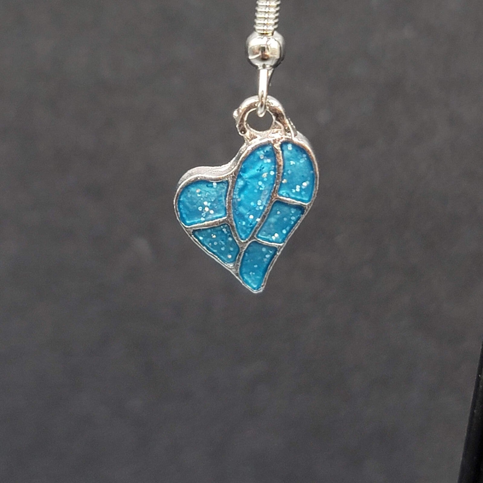 Heart Pierced Earrings Silver tone Blue Enamel Glitter Dangle 5/8"