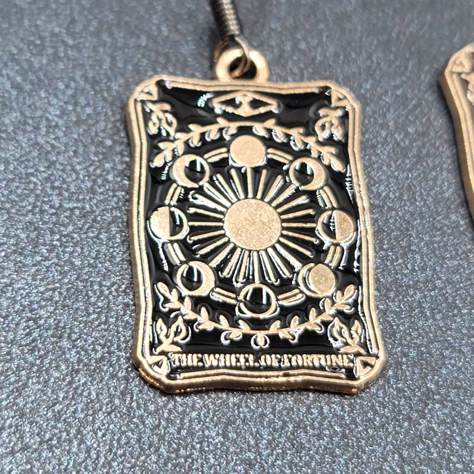 Tarot Card Pierced Earrings The Wheel of Fortune Gold tone Black 1"