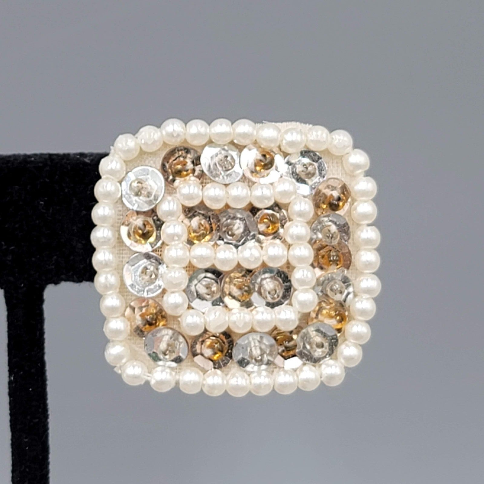 Vintage White Bead Sequin Leather Clip on Earrings Square Gold tone 1.25"