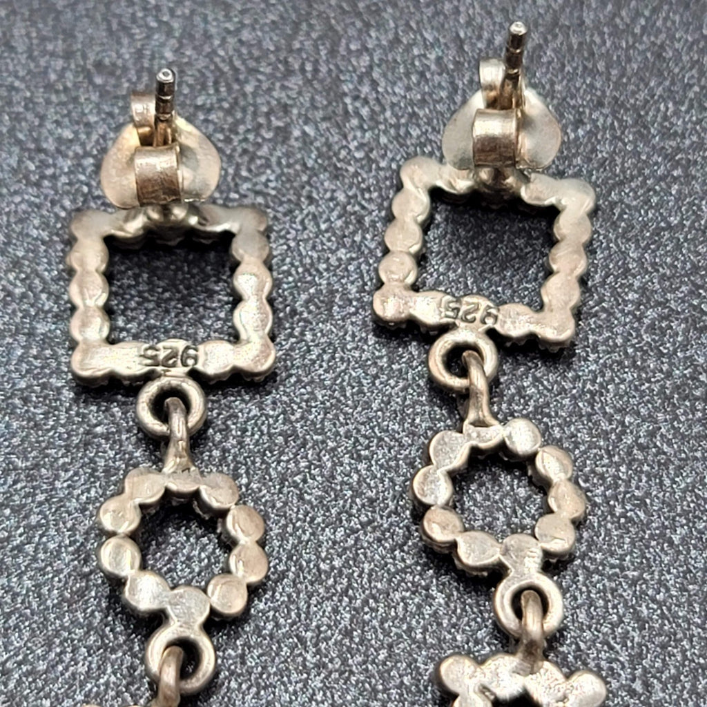 Sterling Silver Pierced Earrings Marcasite Geometric Dangle 1 3/8"