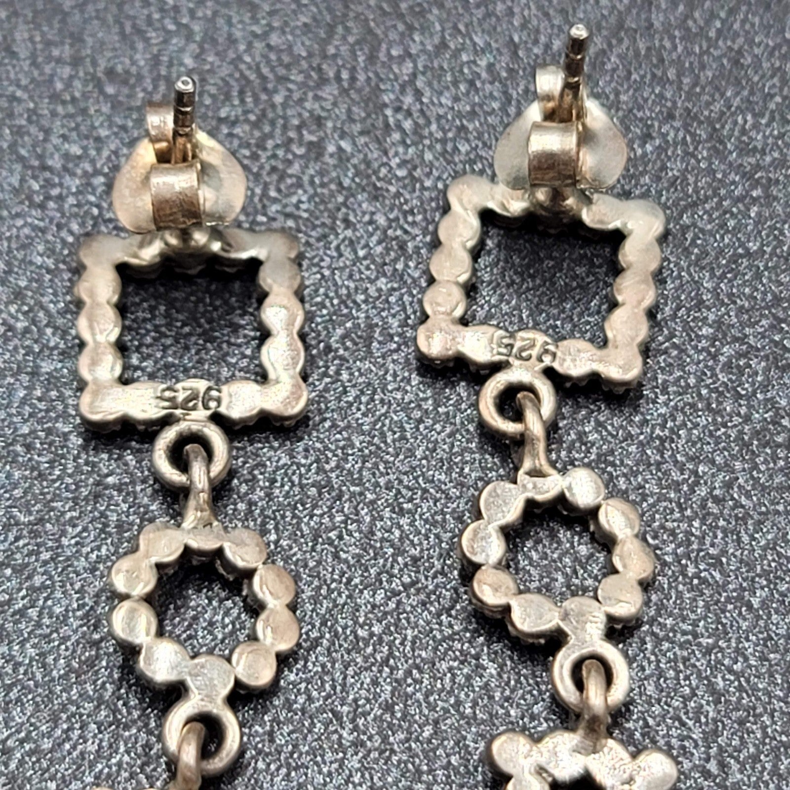 Sterling Silver Pierced Earrings Marcasite Geometric Dangle 1 3/8"